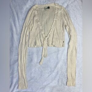 Vintage Hollister Y2K Cream Tie Front Cropped Beaded Sequin Sweater Cardigan